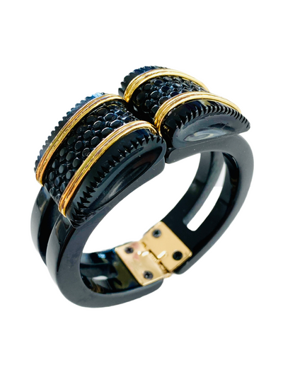 Vintage Black Gold Tone Accent Hinged Bracelet