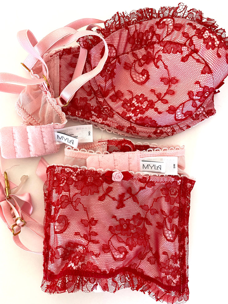 Myla Red & Pink Lace Set 34D Bra Sm Suspenders