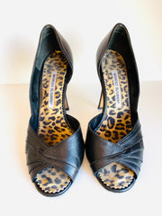 Black Leather Leopard Open Toe Heels Sz 37