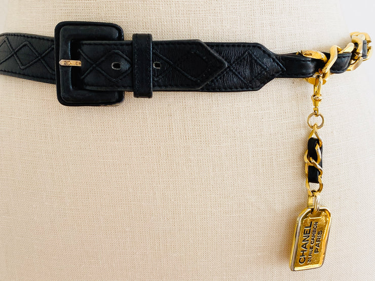 Vintage CC Logo Cambon Paris Gold Chain Leather Belt