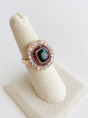 14K Old Mine Cut Diamonds, Sapphire, Rubies Yellow & Rose Gold Cocktail Ring