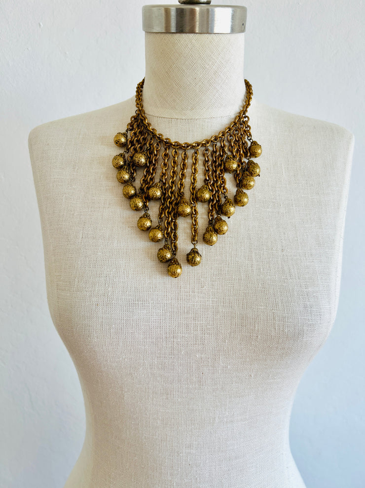 1960's Heavy Russian Gold Chain Tassel Bib Necklace