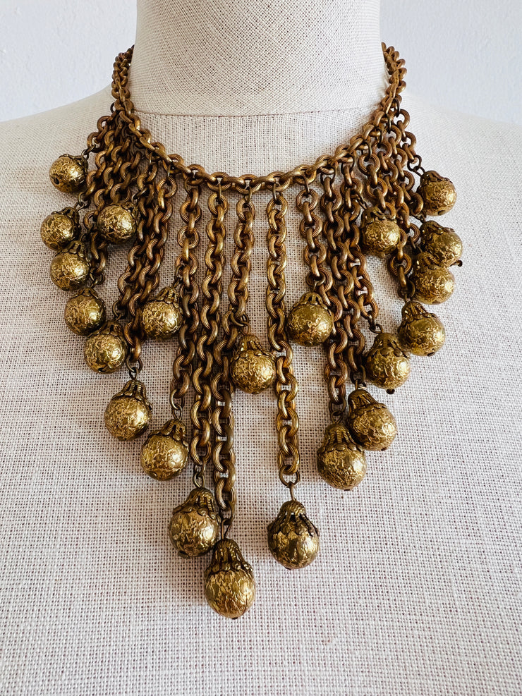 1960's Heavy Russian Gold Chain Tassel Bib Necklace