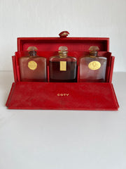 1920's Lalique Coty Voyage Perfume Set & Red Leather Case