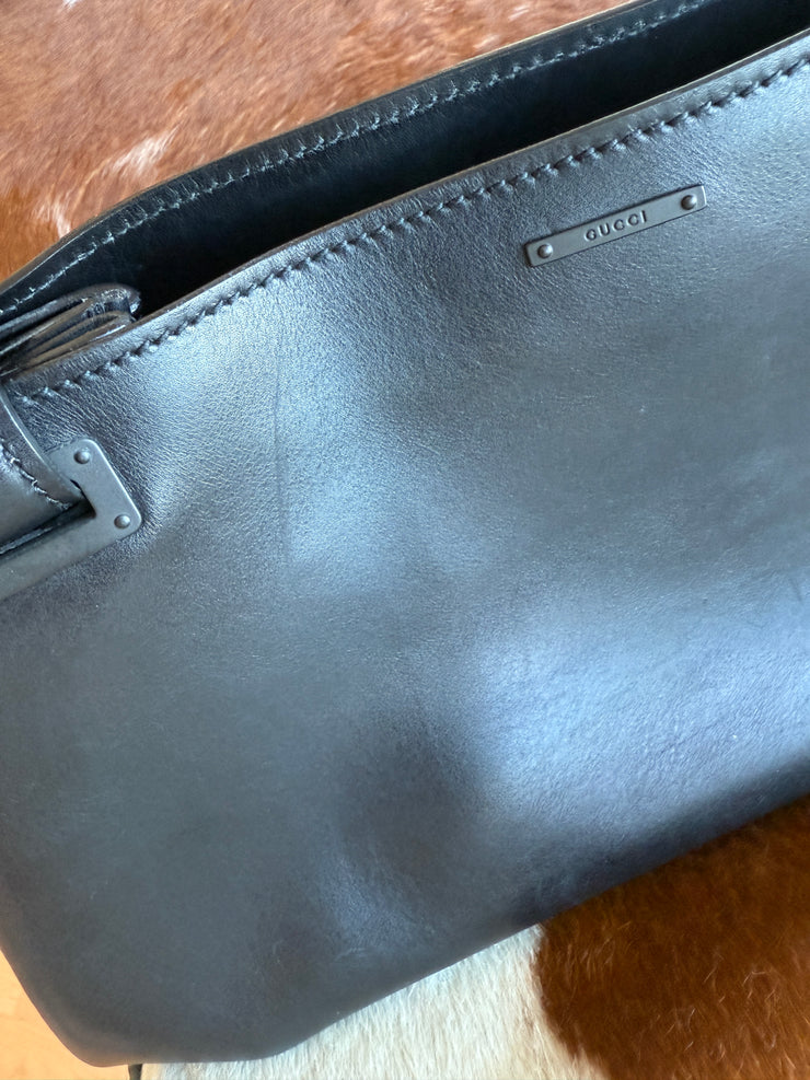 Black Leather Handbag Wood Top Handle