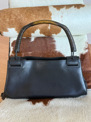 Black Leather Handbag Wood Top Handle