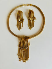 Gold Mesh Waterfall Rhinestone Necklace & Earrings