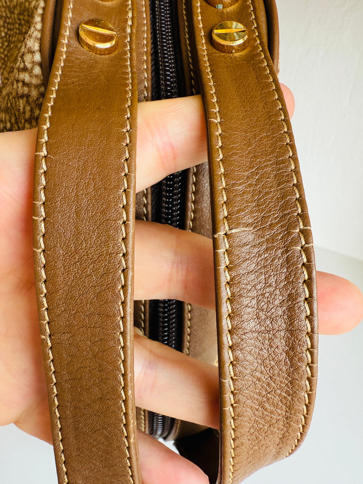 Brown Leather Trip Handbag Wood Top Handle