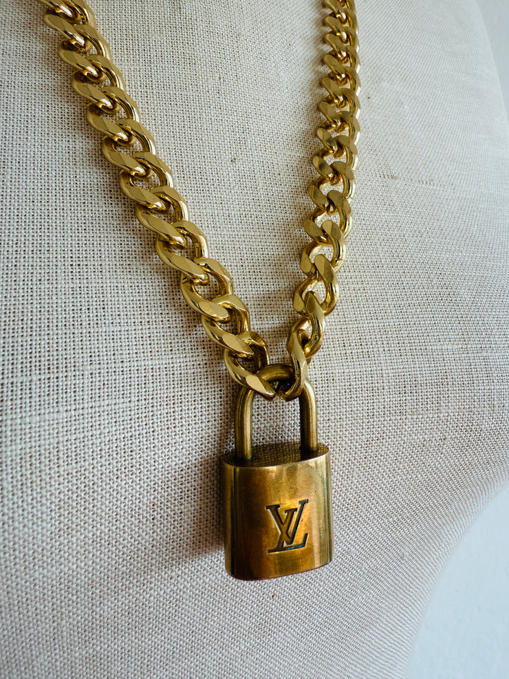 Vintage Cuban Curb Chain Necklace W/ Authentic Louis Vuitton Lock & Key