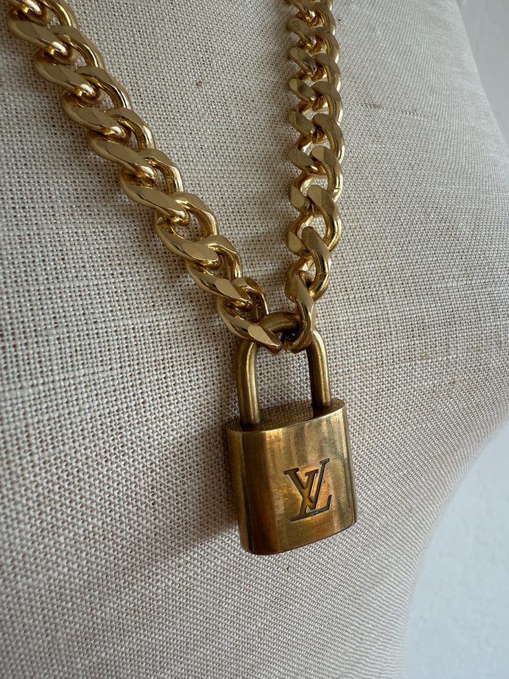 Vintage Cuban Curb Chain Necklace W/ Authentic Louis Vuitton Lock & Key