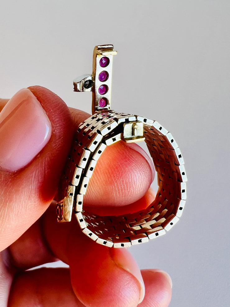 1940's Gold Platinum Mesh Ruby Diamond Buckle Ring