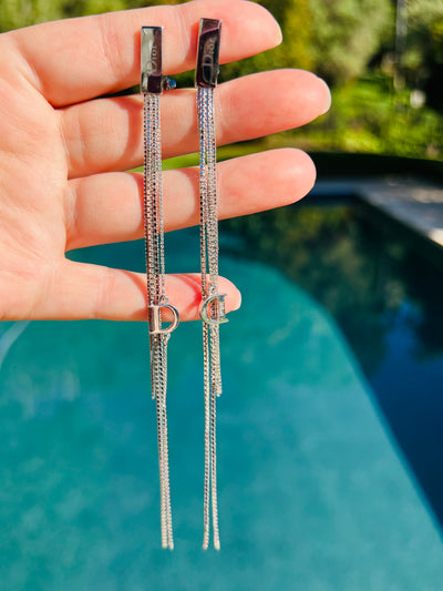 Vintage 6" Dior Logo Silver Chain Tassel Earrings