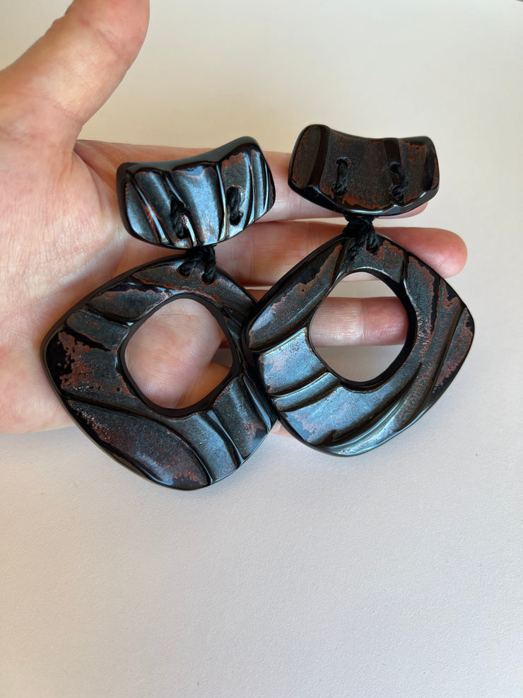 Large 1980s Black Hoop Clip Earrings