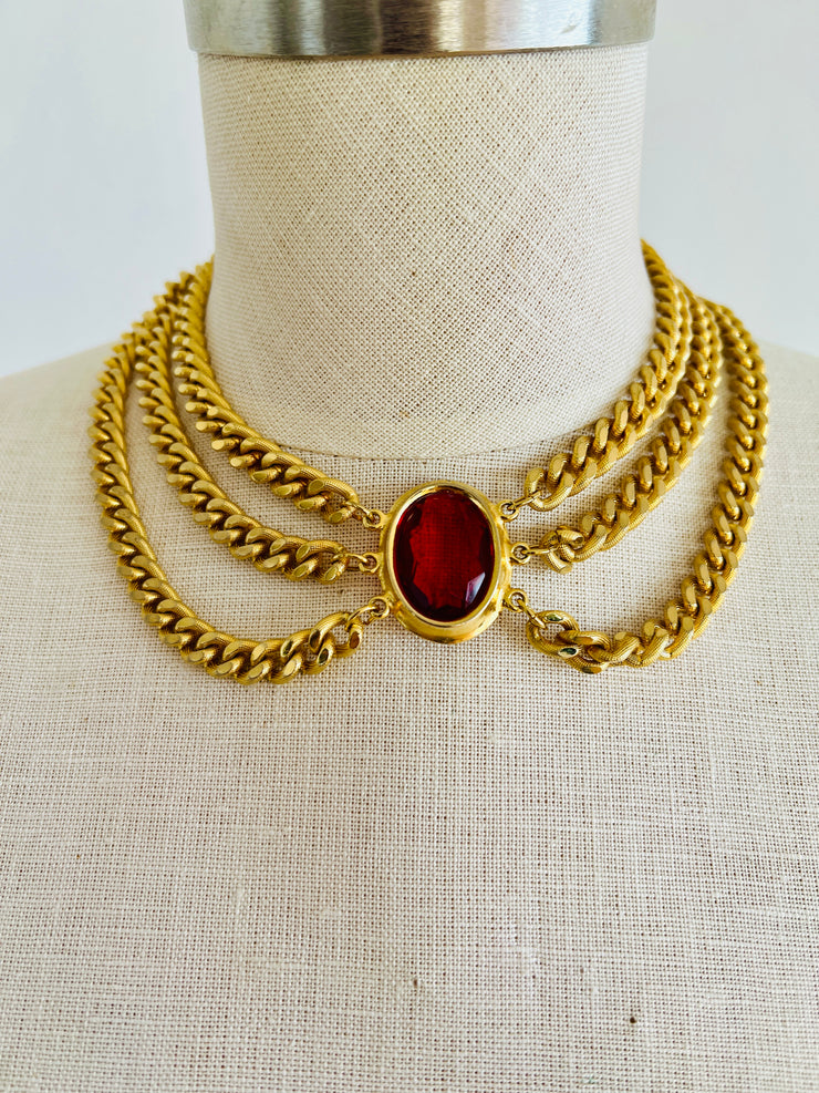 Layered Cuban Chains Red Jewel Necklace