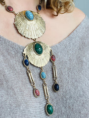 Massive Egyptian Revival Medallion Scarab Cabochon Necklace