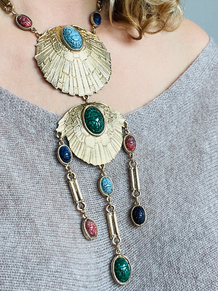 Massive Egyptian Revival Medallion Scarab Cabochon Necklace