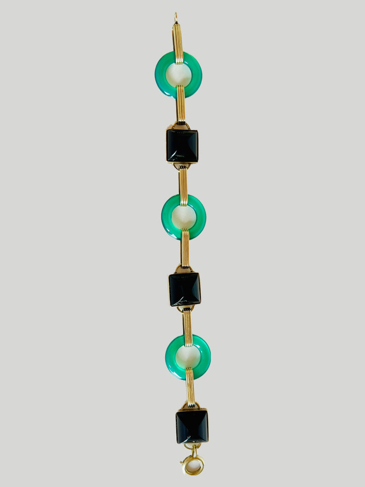 Art Deco 14k Gold Sugarloaf Onxy & Green Chrysoprase Bracelet