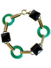 Art Deco 14k Gold Sugarloaf Onxy & Green Chrysoprase Bracelet