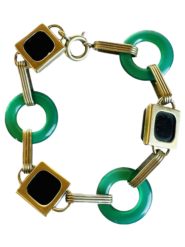 Art Deco 14k Gold Sugarloaf Onyx & Green Chrysoprase Bracelet