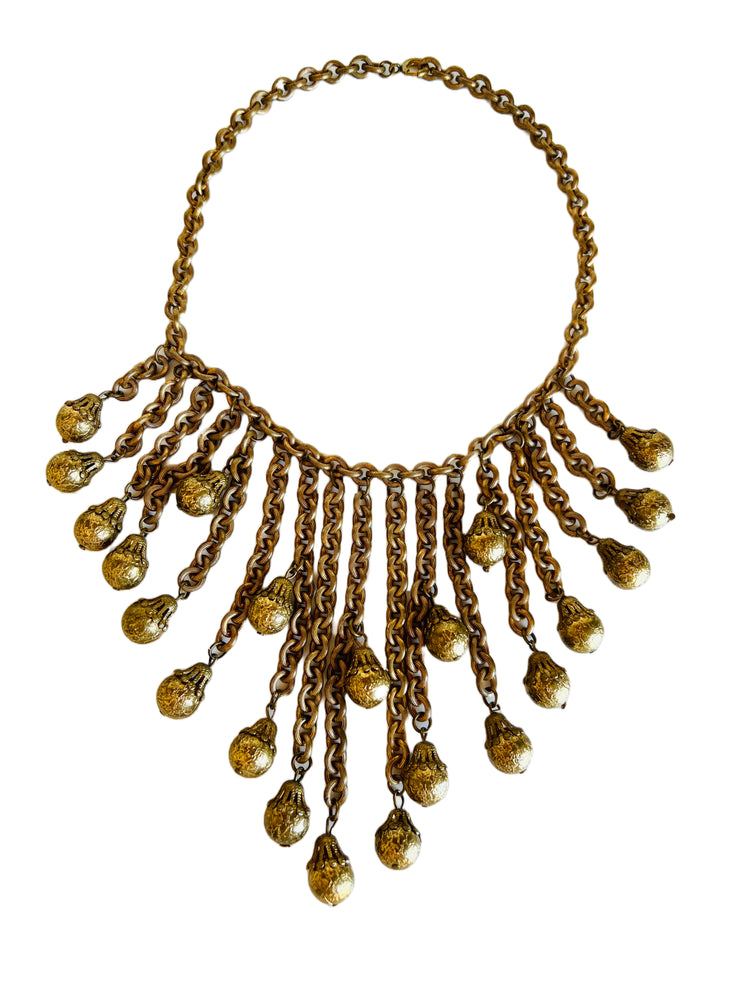 1960's Heavy Russian Gold Chain Tassel Bib Necklace