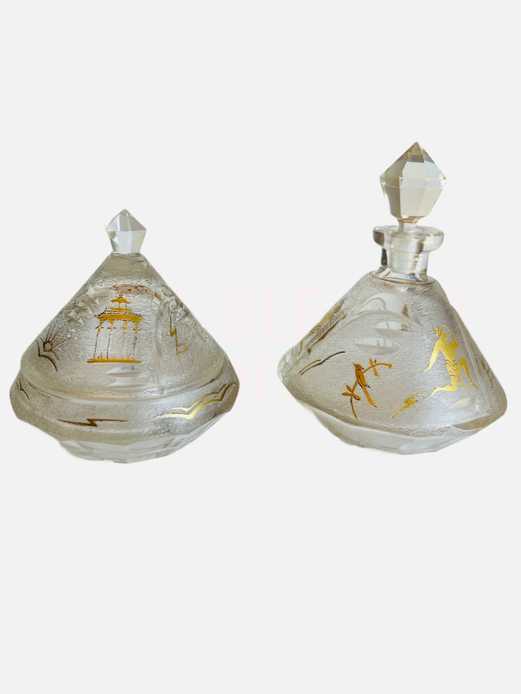 Crystal Perfume Cologne Bottle Vanity Set W/ Gold Hieroglyphs