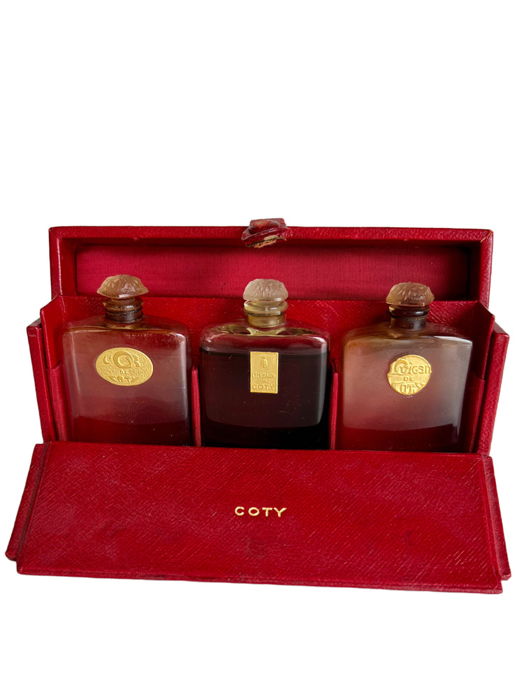 1920's Lalique Coty Voyage Perfume Set & Red Leather Case