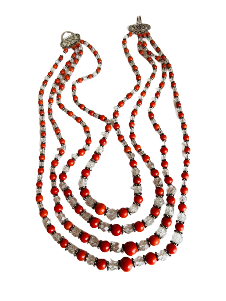 Beaded Coral Sterling Silver Multi-Strand Choker Necklace