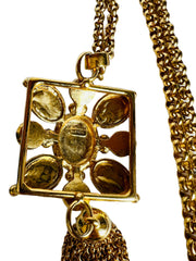 Statement Semi Precious 24k GP Square Pendant Chain Tassel Necklace