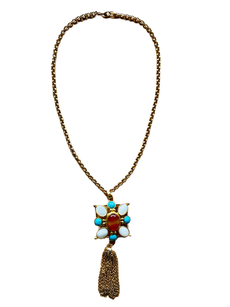 Statement Semi Precious 24k GP Square Pendant Chain Tassel Necklace