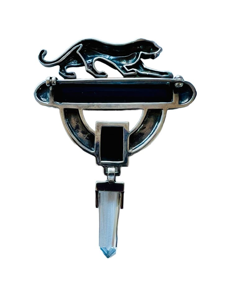 Black Onyx Sterling Panther Brooch