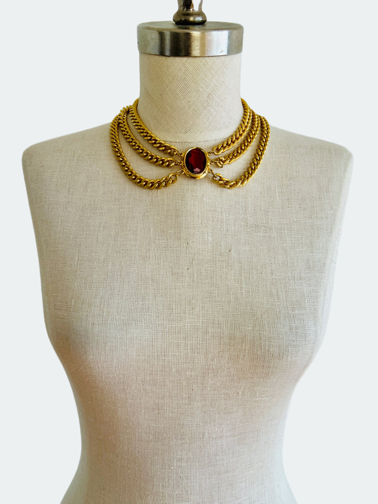 Layered Cuban Chains Red Jewel Necklace