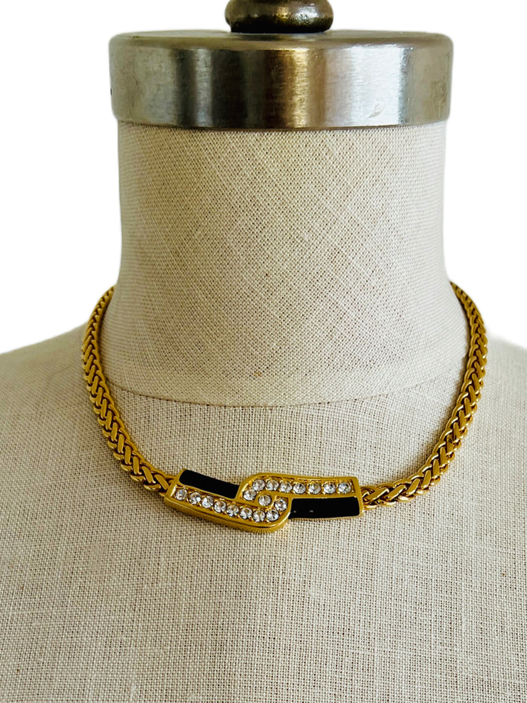 Gold Black Enamel Deco Style Necklace