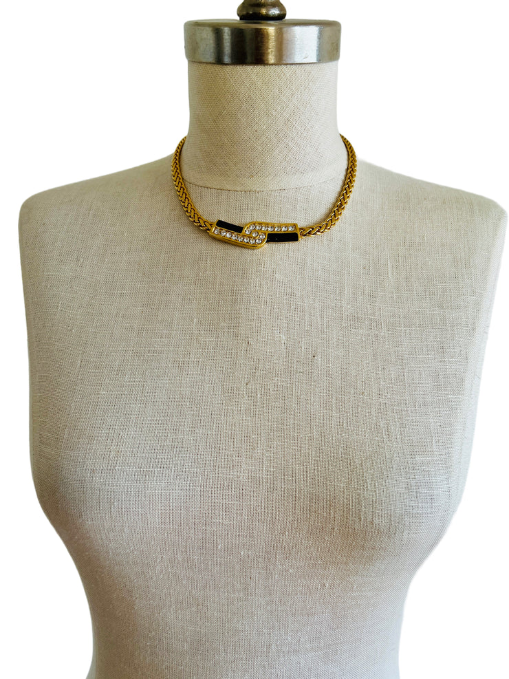Gold Black Enamel Deco Style Necklace