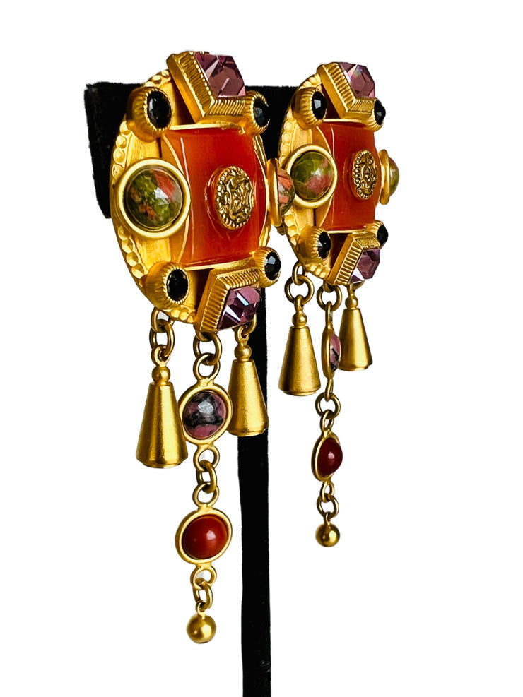 24K GP Etruscan Revival Style Agate Long Clip Earrings