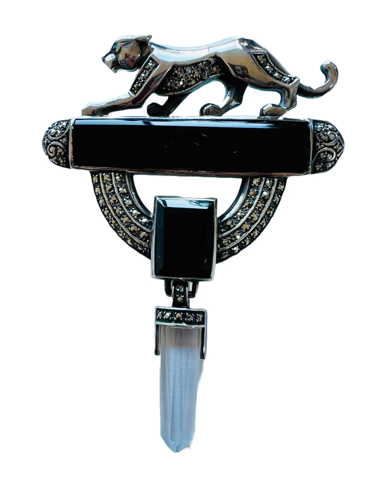 Black Onyx Sterling Panther Brooch