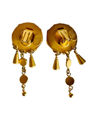 24K GP Etruscan Revival Style Agate Long Clip Earrings