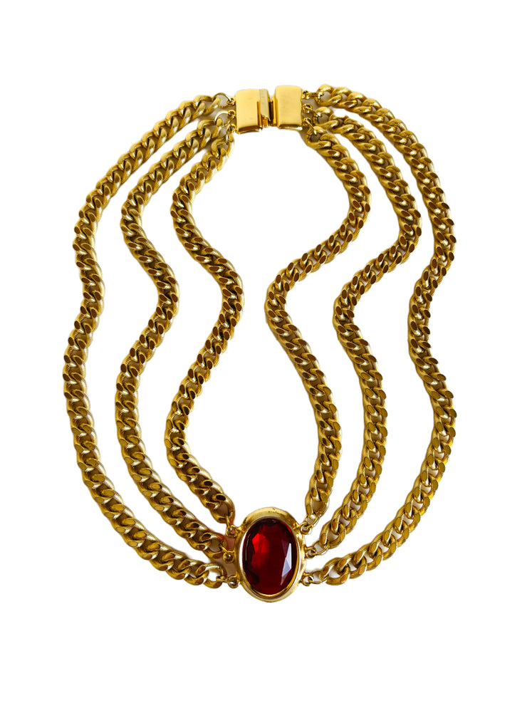 Layered Cuban Chains Red Jewel Necklace