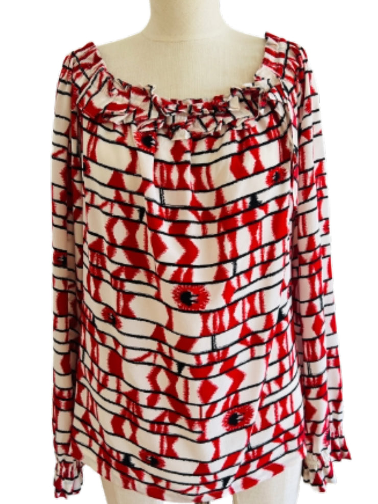 Red Black White Silk Blouse