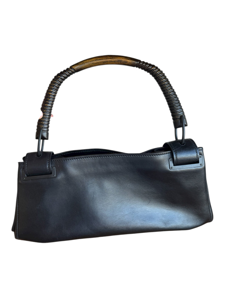 Black Leather Handbag Wood Top Handle
