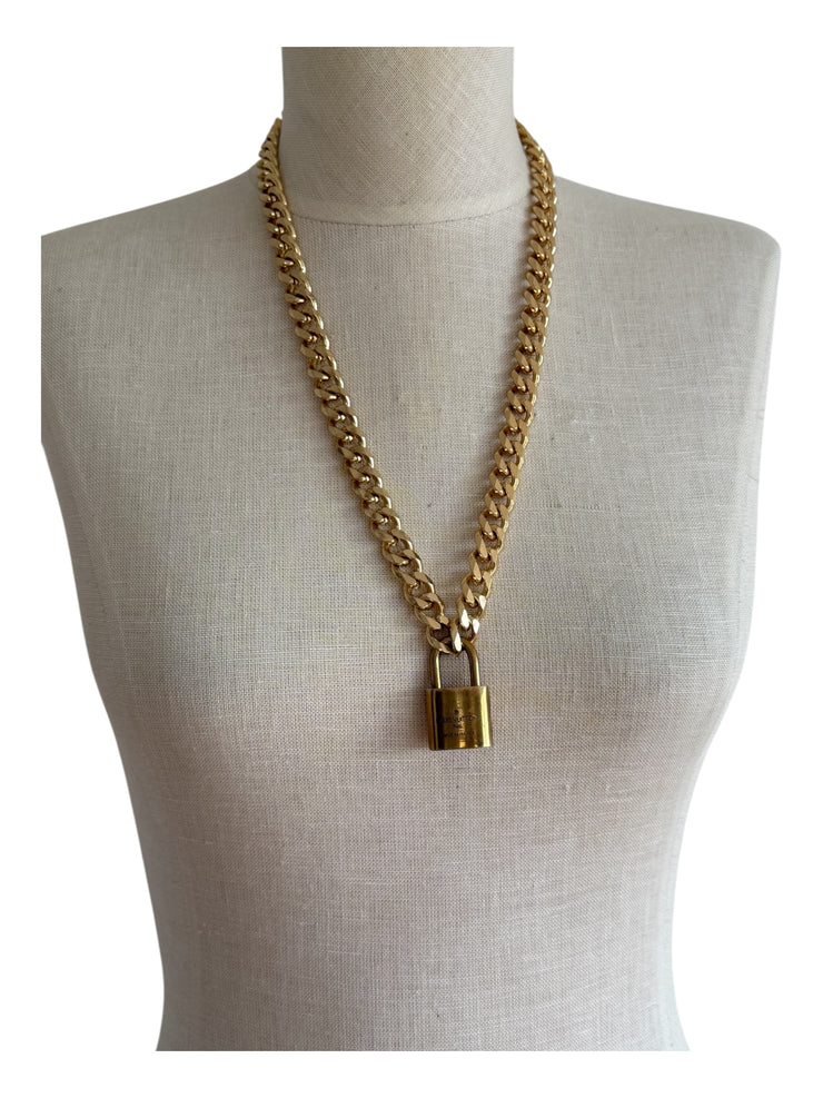 Vintage Cuban Curb Chain Necklace W/ Authentic Louis Vuitton Lock & Key