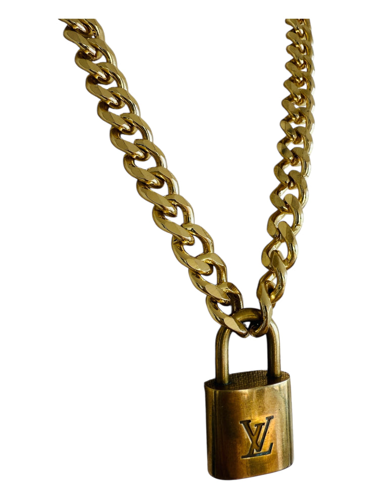 Vintage Cuban Curb Chain Necklace W/ Authentic Louis Vuitton Lock & Key