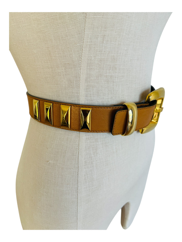 Caramel Leather Gold Stud Belt