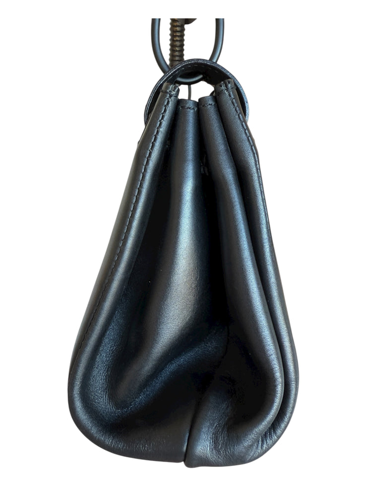 Black Leather Handbag Wood Top Handle