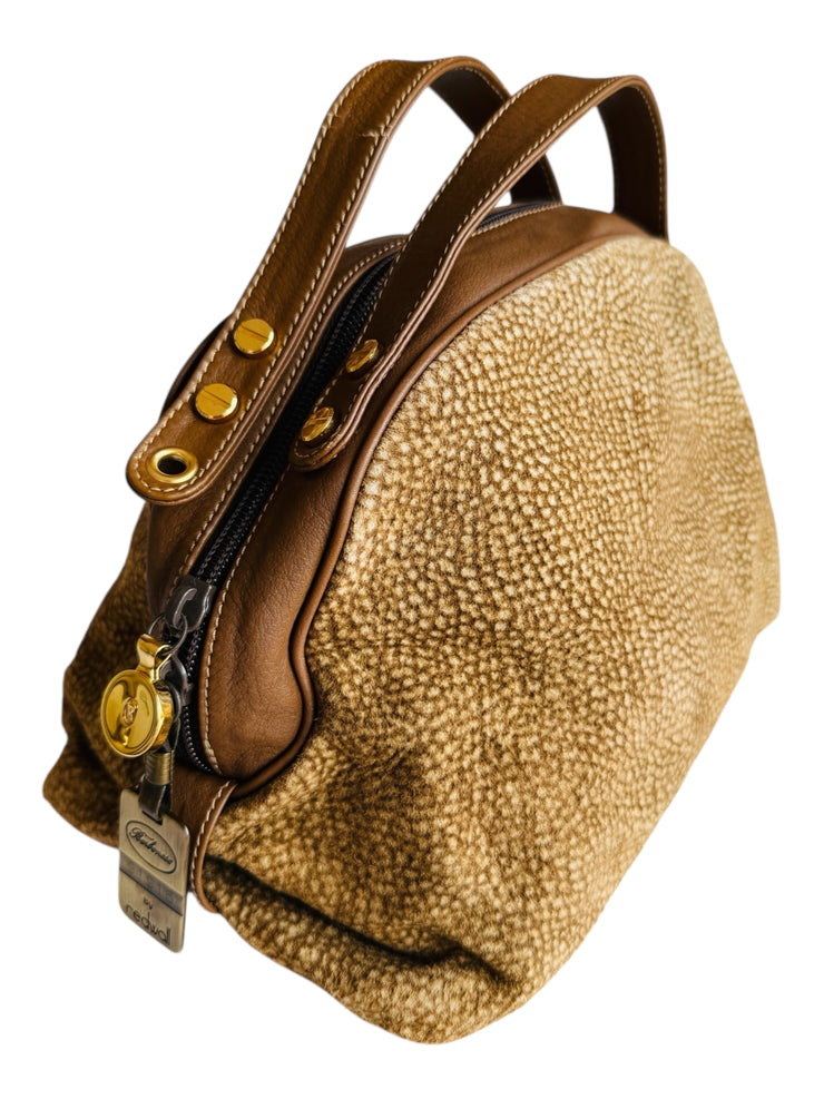 Brown Leather Trip Handbag Wood Top Handle