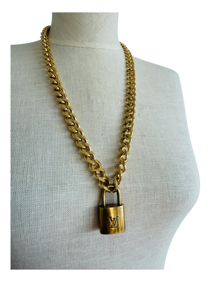 Vintage Cuban Curb Chain Necklace W/ Authentic Louis Vuitton Lock & Key