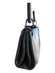 Black Leather Handbag Wood Top Handle