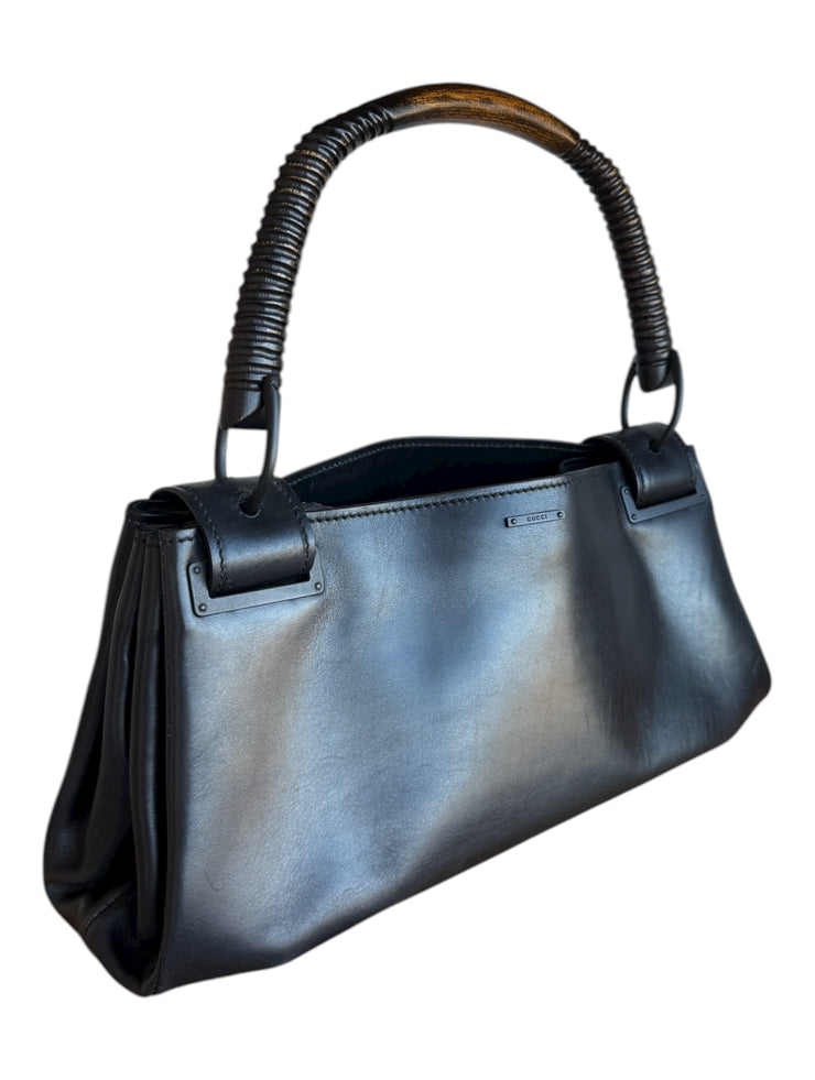 Black Leather Handbag Wood Top Handle