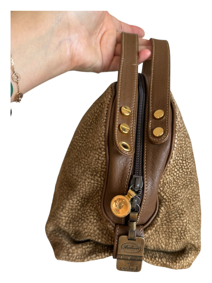 Brown Leather Trip Handbag Wood Top Handle