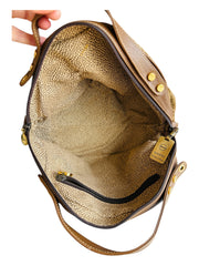 Brown Leather Trip Handbag Wood Top Handle