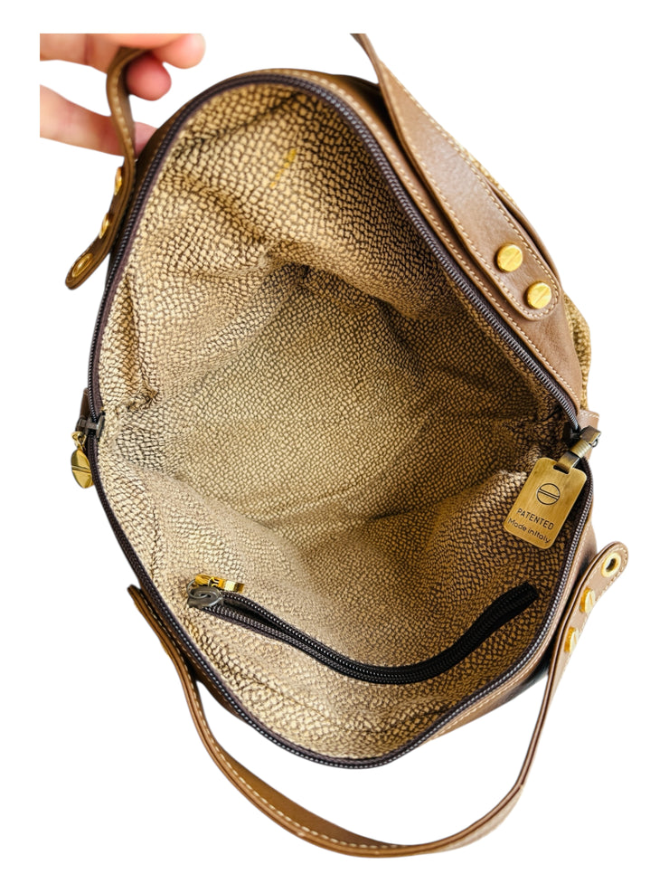 Brown Leather Trip Handbag Wood Top Handle